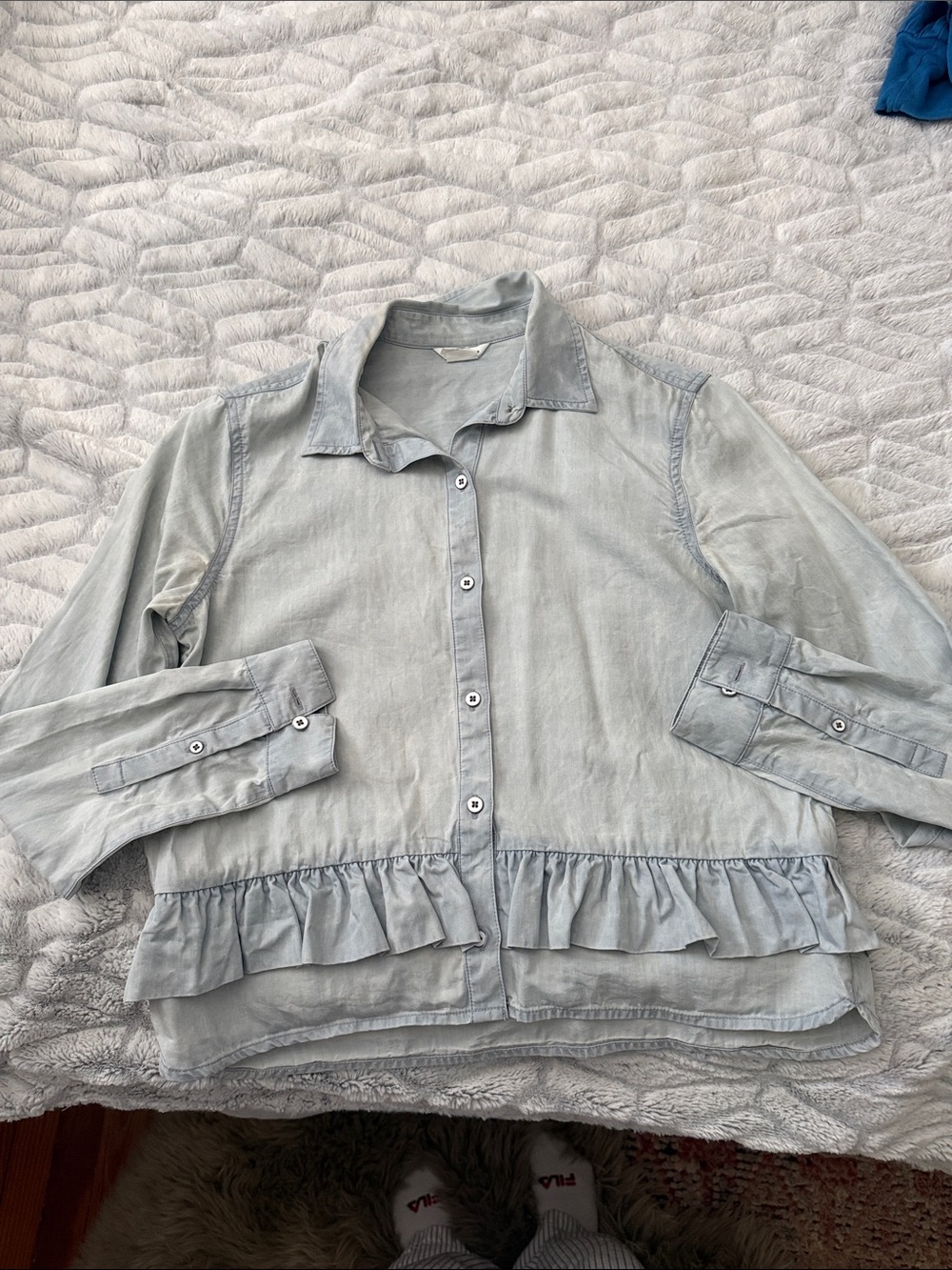Club Monaco Light Denim Ruffle Hem Button Down slightly cropped